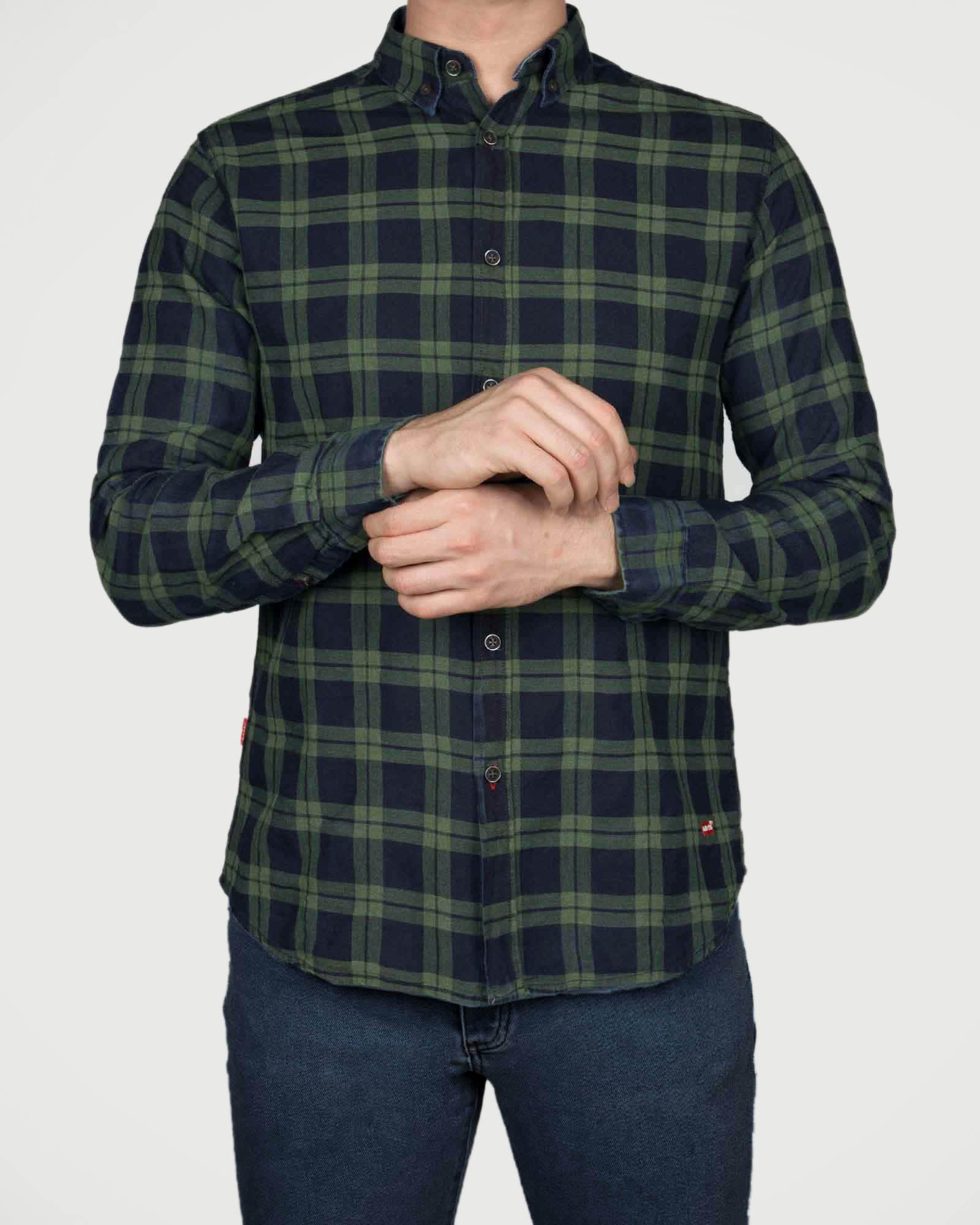 پیراهن چهارخونه نخی مردانه- سبز- روبه-رو