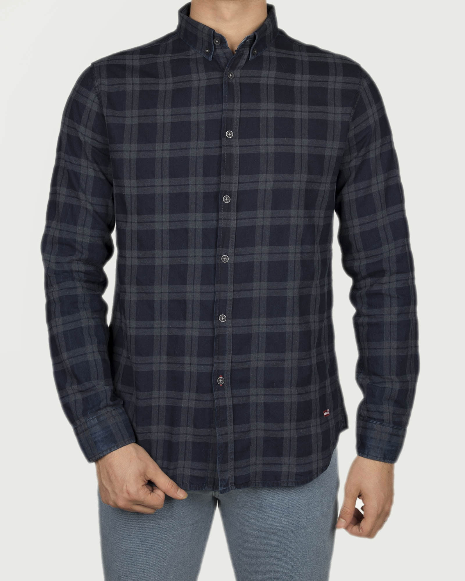 پیراهن چهارخونه نخی مردانه- سرمه ای تیره- روبه-رو