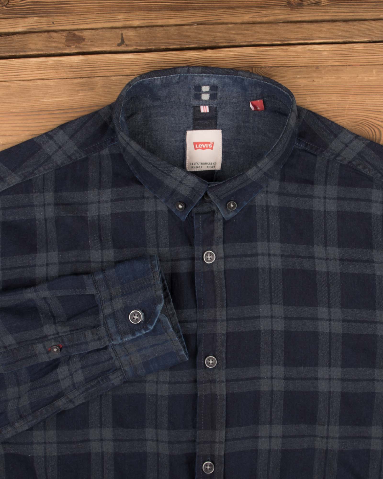 پیراهن چهارخونه نخی مردانه- سرمه ای تیره- یقه