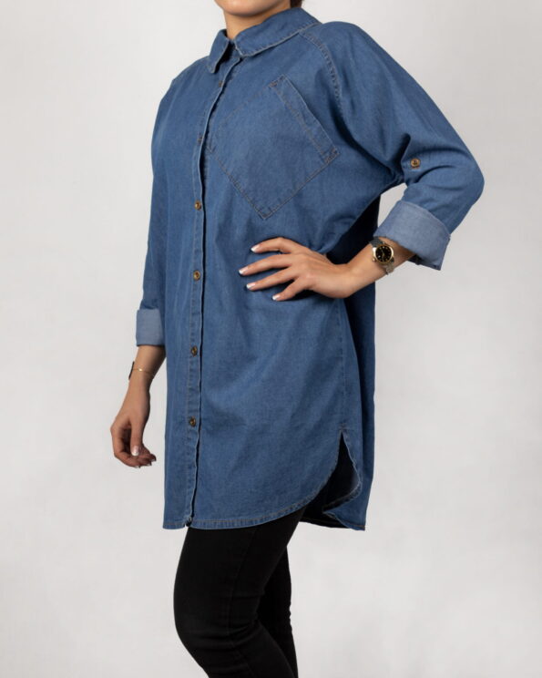 شومیز جین کاغذی آبی نفتی-دکمه بسته بغل