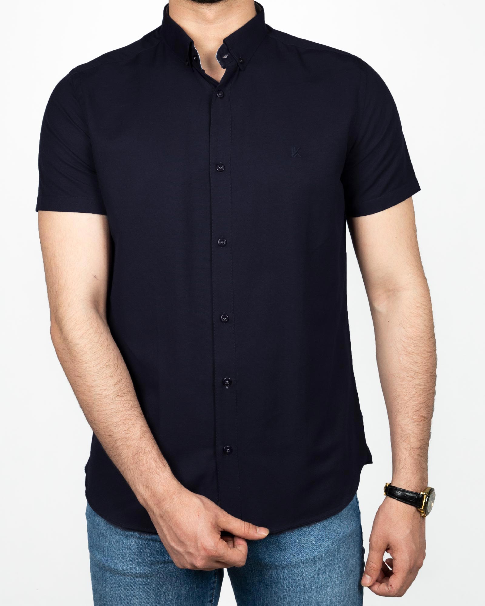 پیراهن آستین کوتاه مردانه نخی- سرمه ای تیره- روبرو