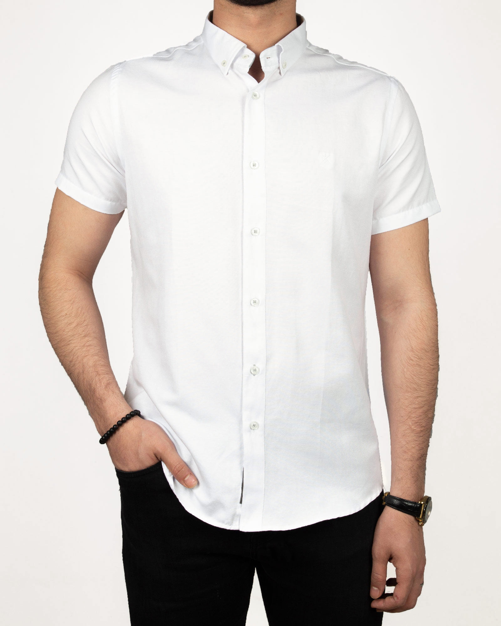 پیراهن آستین کوتاه مردانه نخی- سفید- روبرو