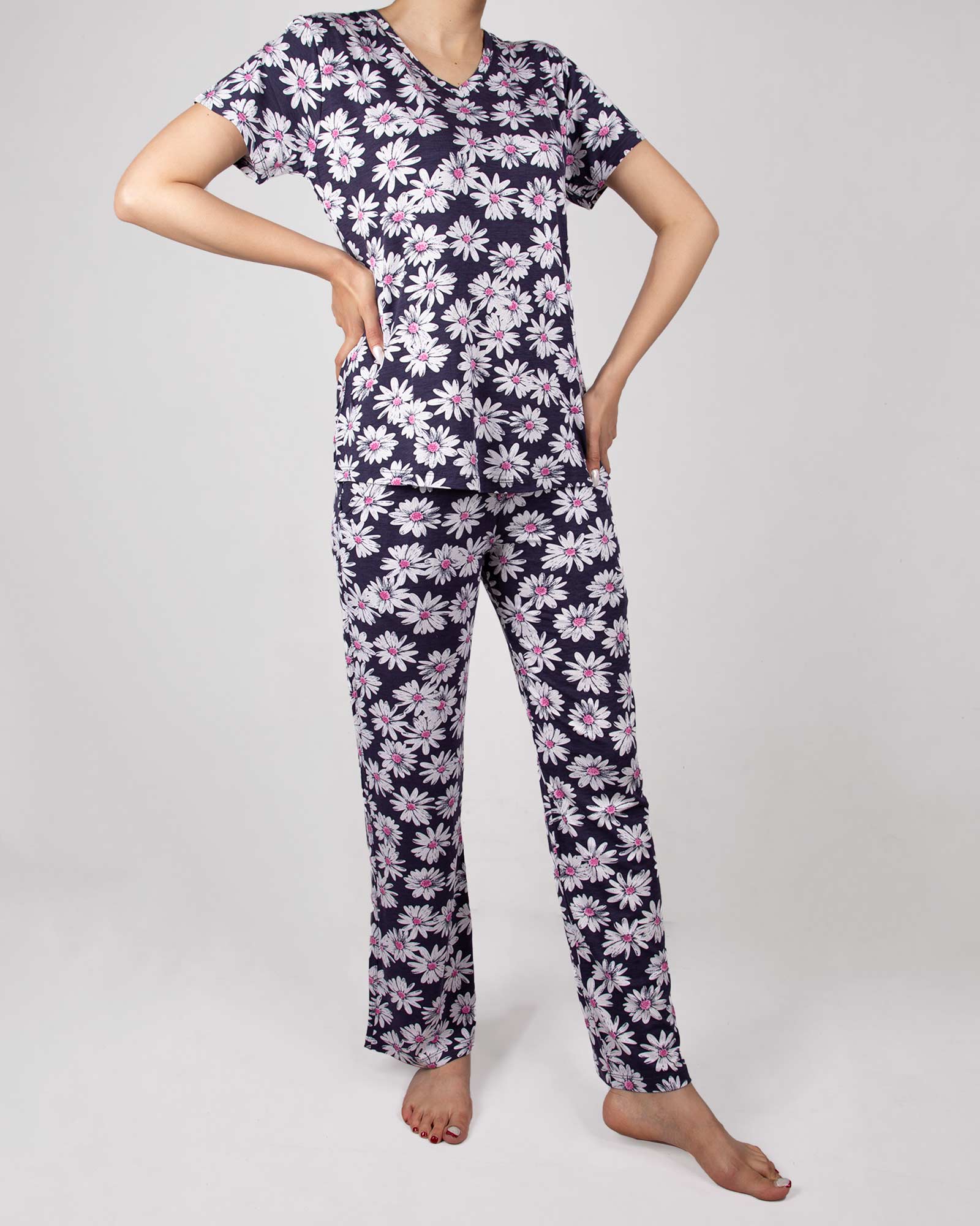 بلوز شلوار نخی زنانه- سرمه ای تیره- روبرو