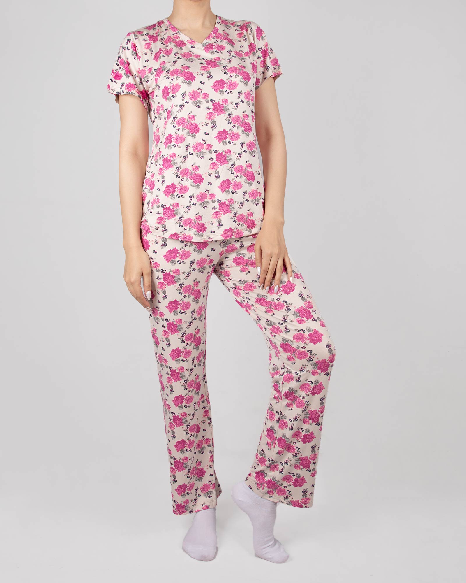 بلوز شلوار نخی زنانه- کرمی- روبرو