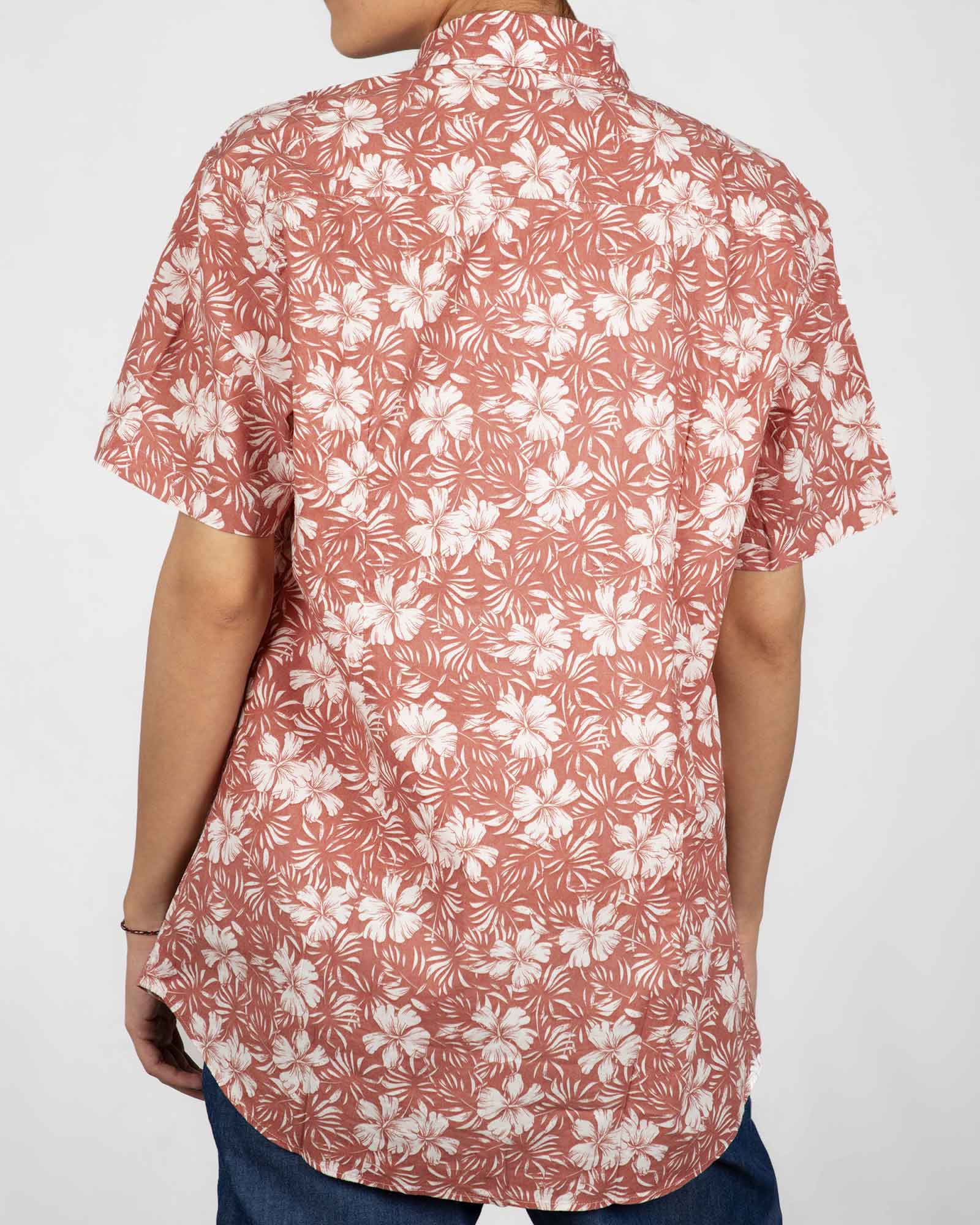 پیراهن آستین کوتاه زنانه طرح هاوایی- گلبهی- پشت