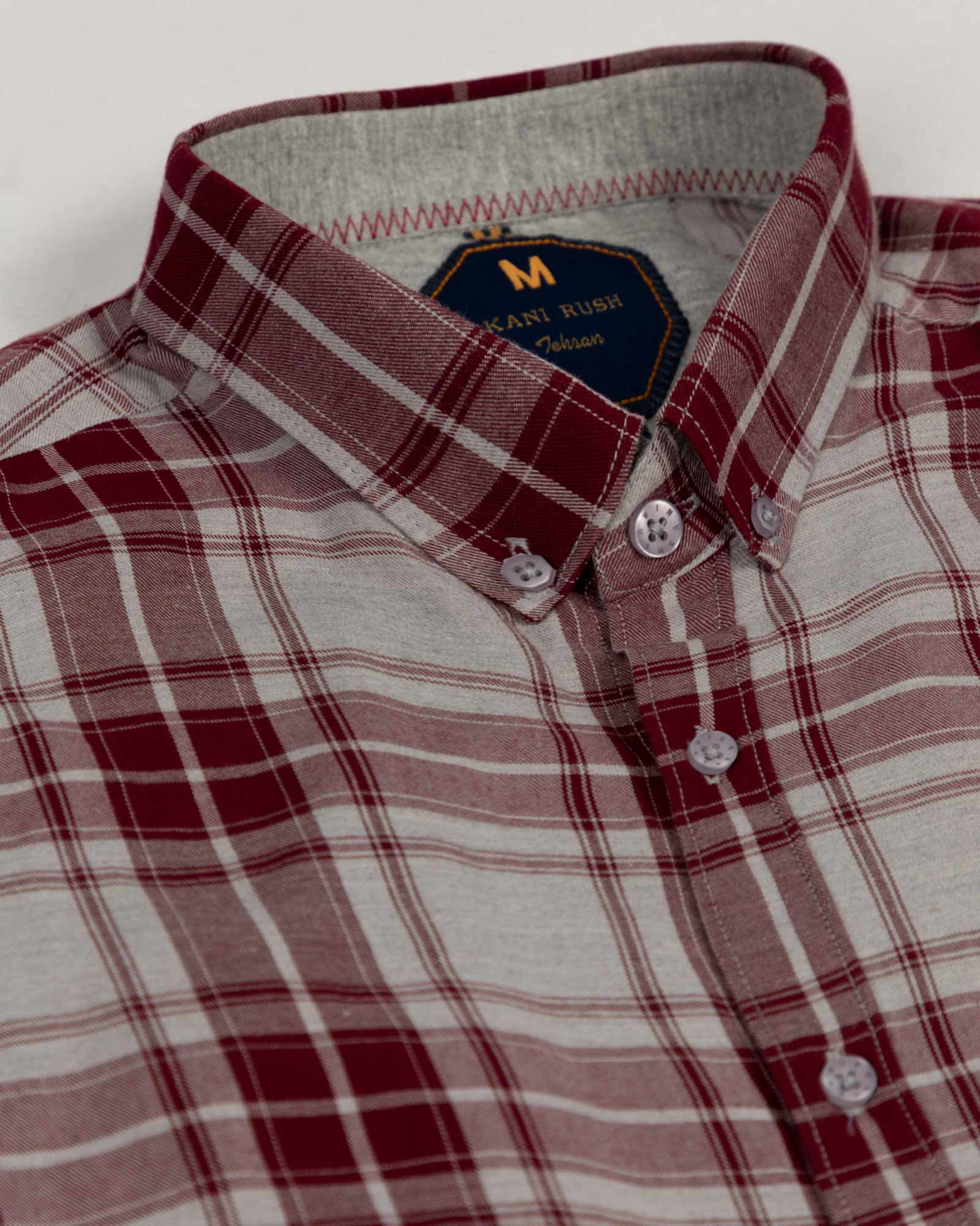 پیراهن آستین کوتاه مردانه چهارخانه- شرابی- یقه سه رخ