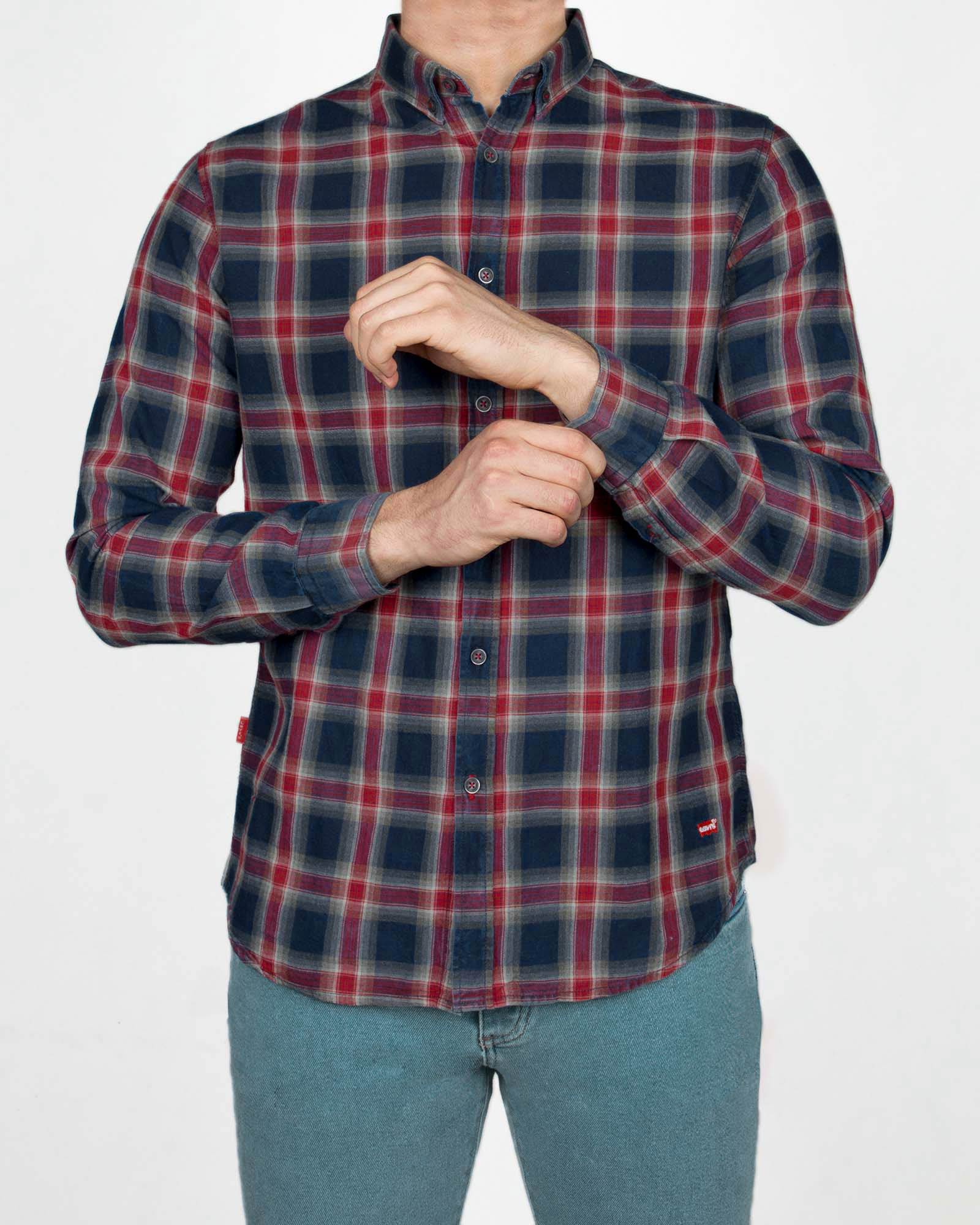 پیراهن چهارخانه مردانه اسپرت- سرمه ای- روبرو