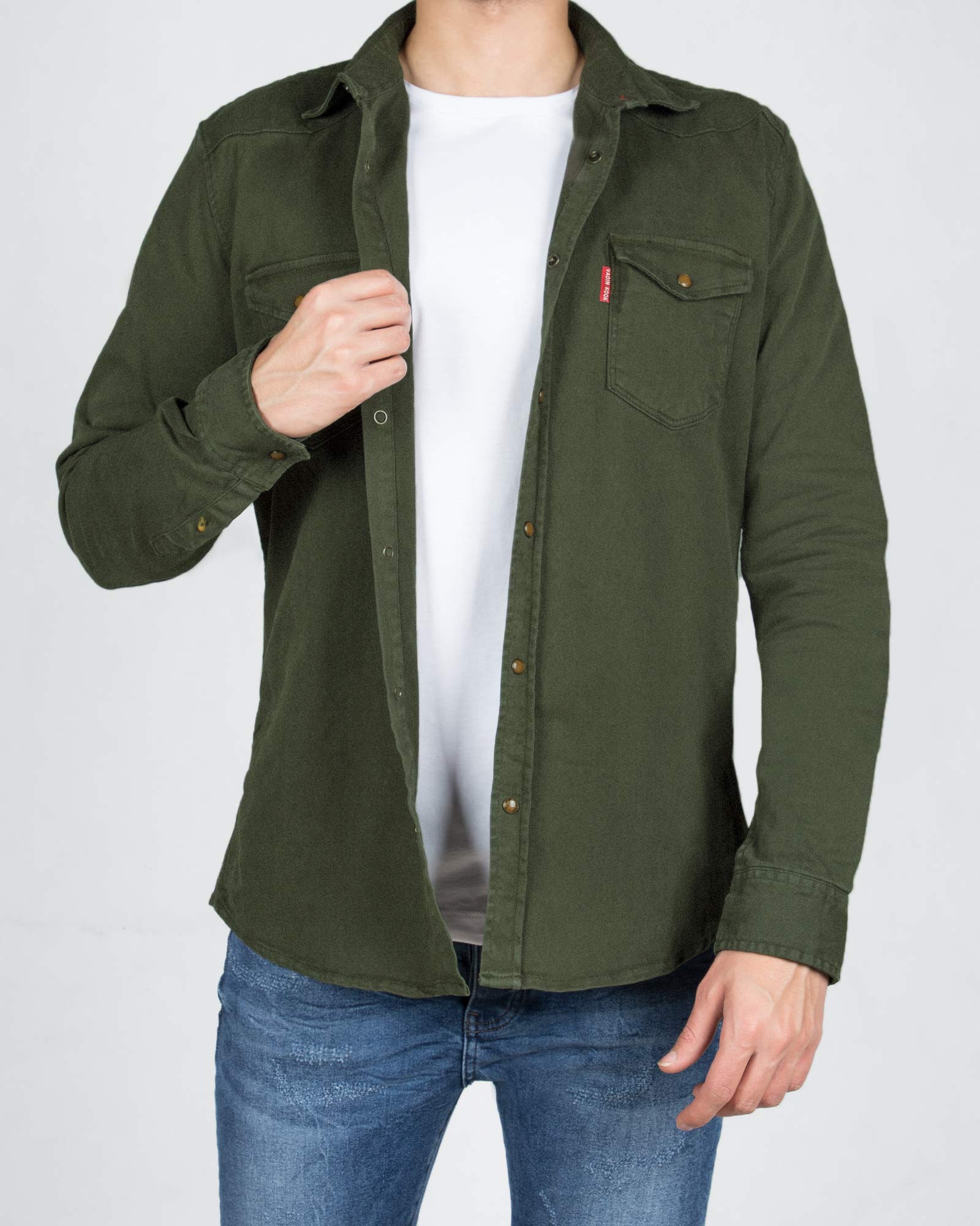 پیراهن کتان ساده مردانه- یشمی- روبرو