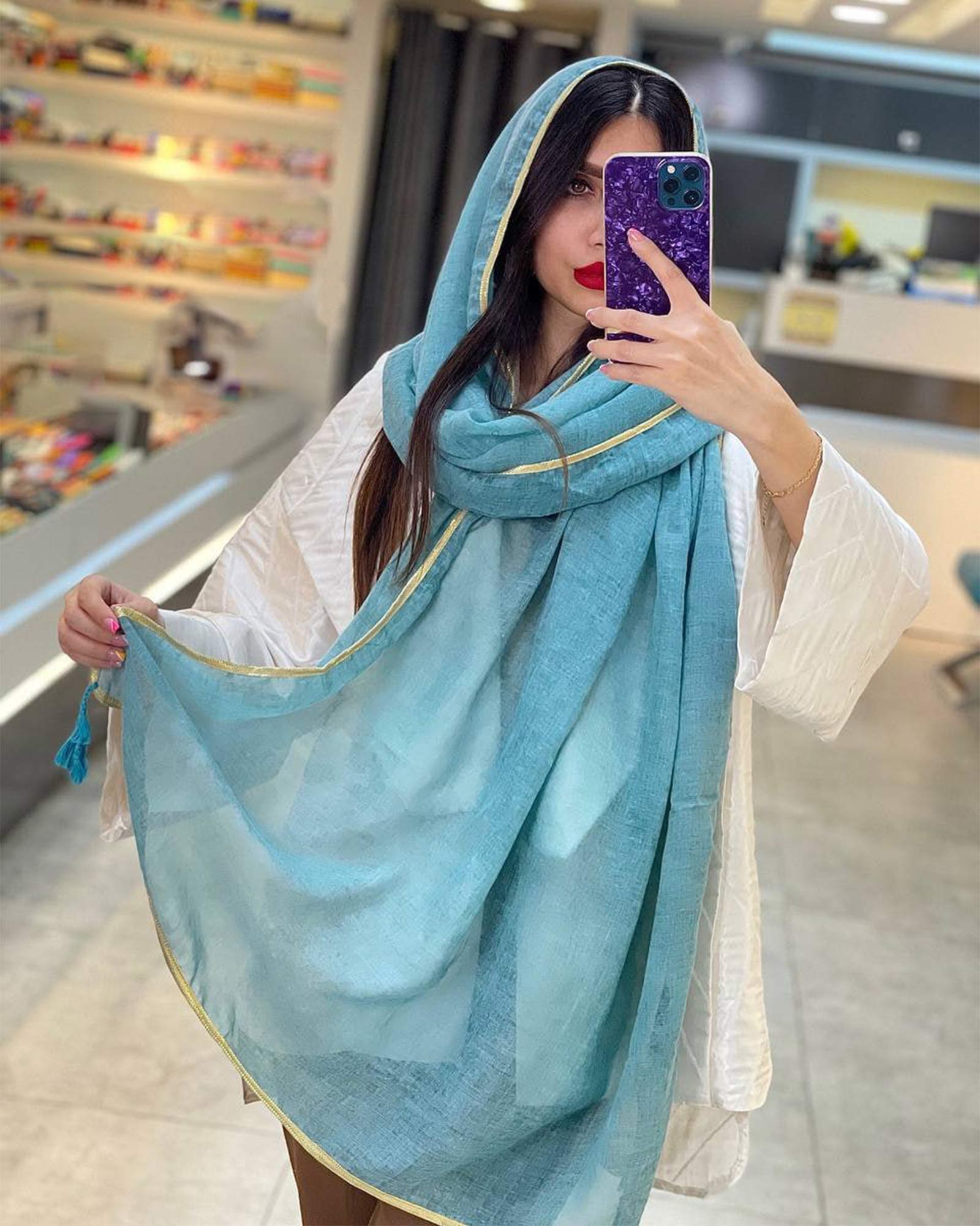 شال نخی زنانه 1518 - آبی فیروزه ای