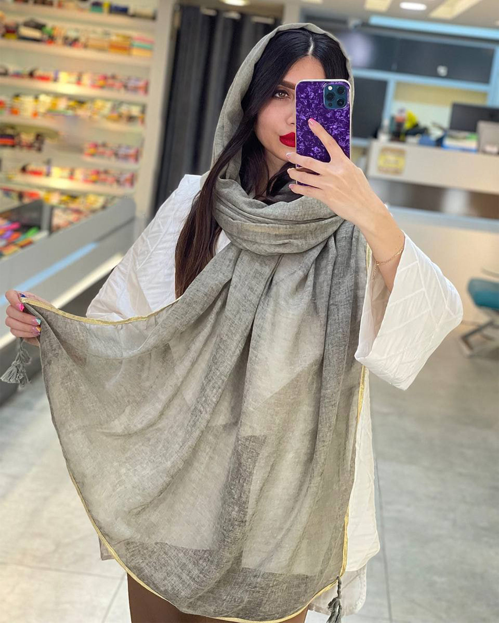 شال نخی زنانه 1518 - طوسی کمرنگ