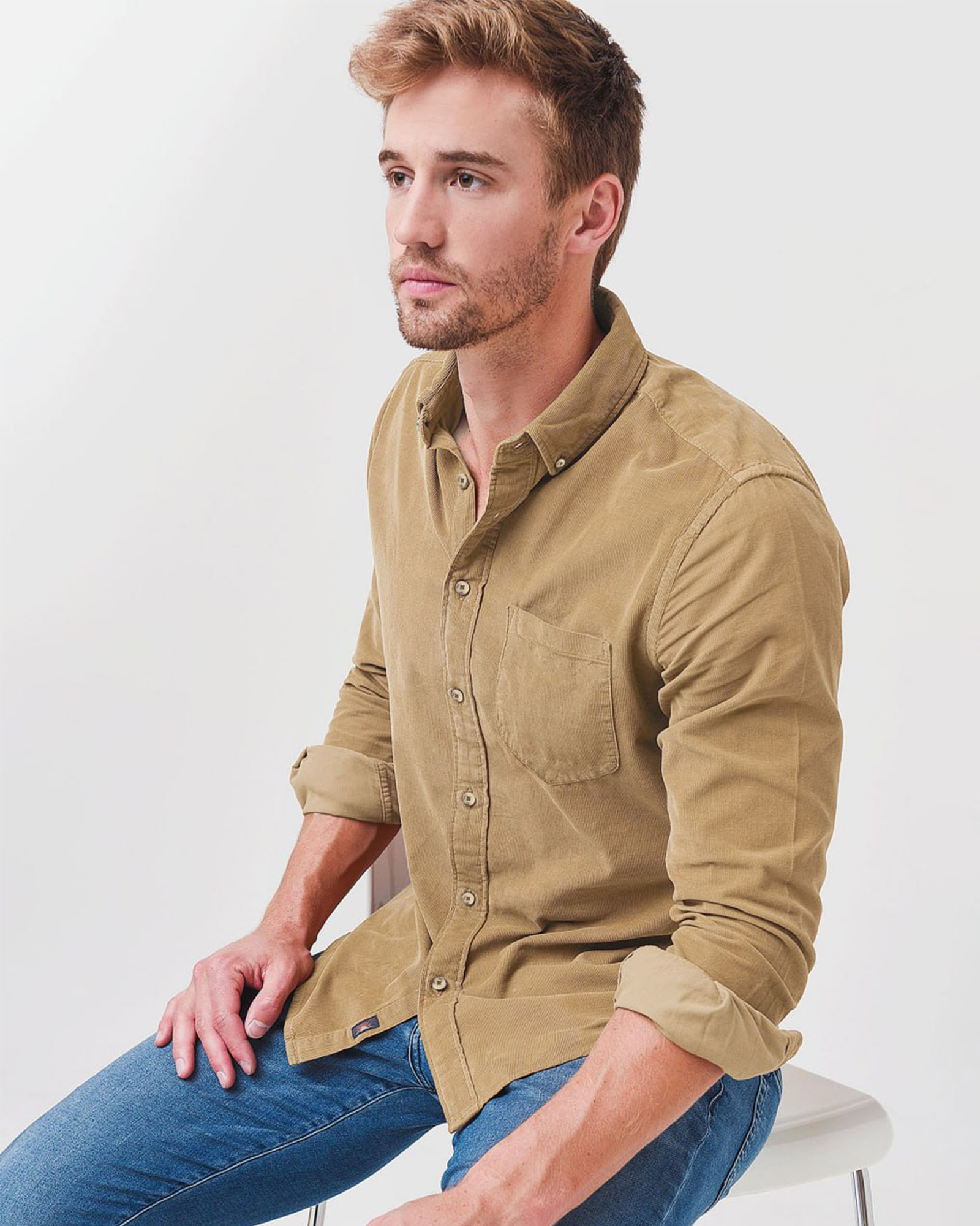 پیراهن مخمل کبریتی مردانه 4482 - خاکی