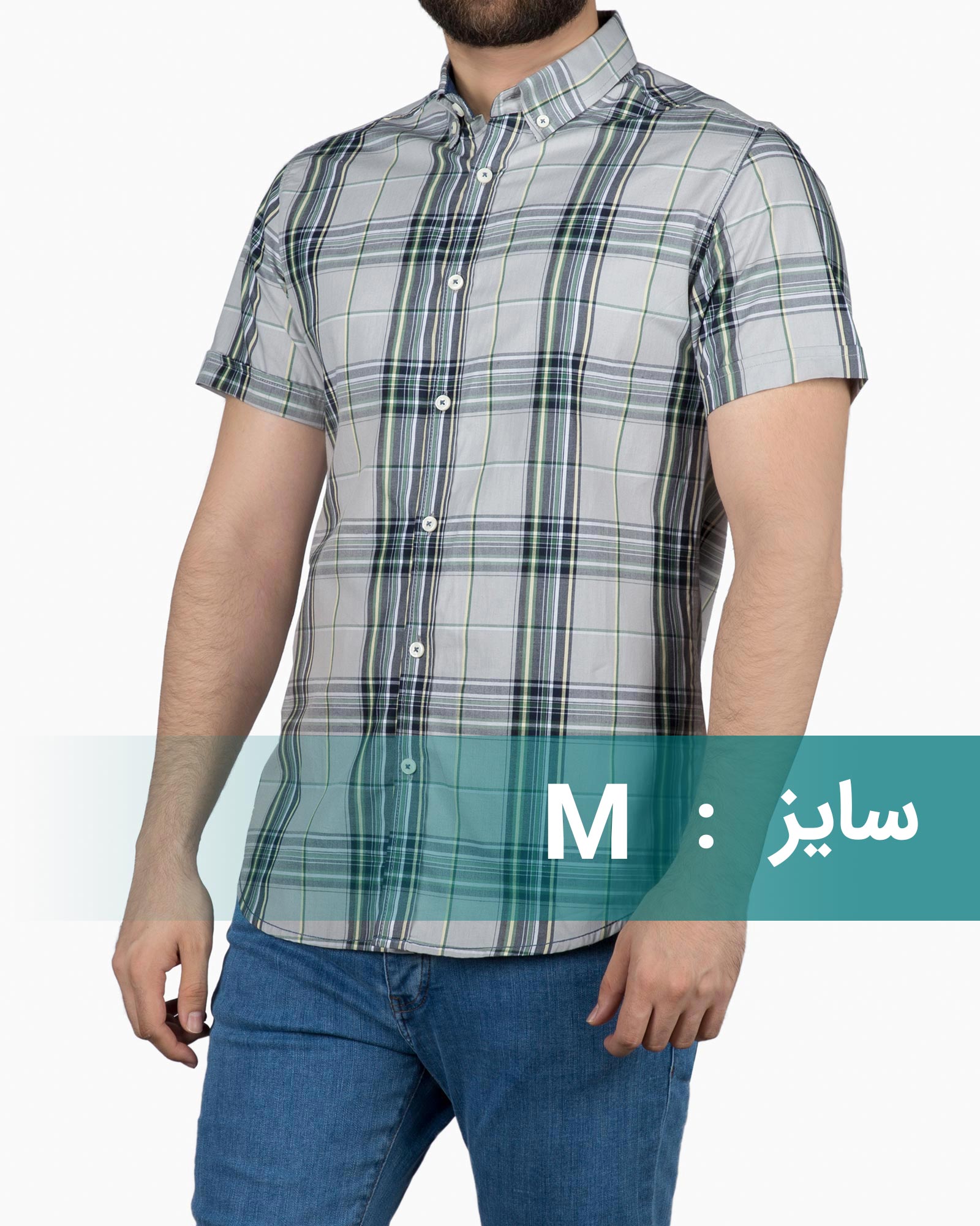 پیراهن آستین کوتاه چهارخانه مردانه - طوسی کمرنگ