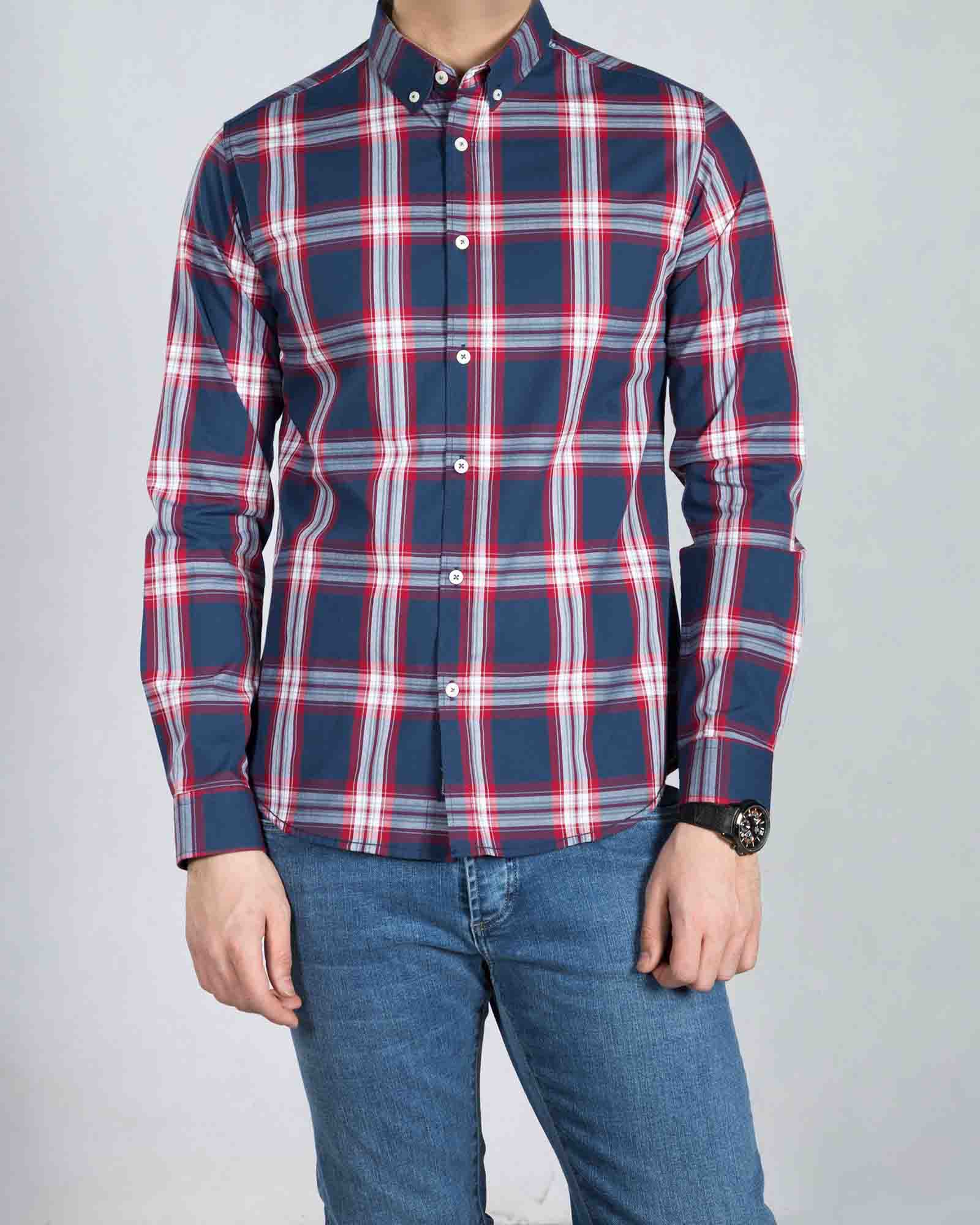 پیراهن آستین بلند چهارخانه اسپرت (پوپلین) - چهارخانه سرمه ای، قرمز