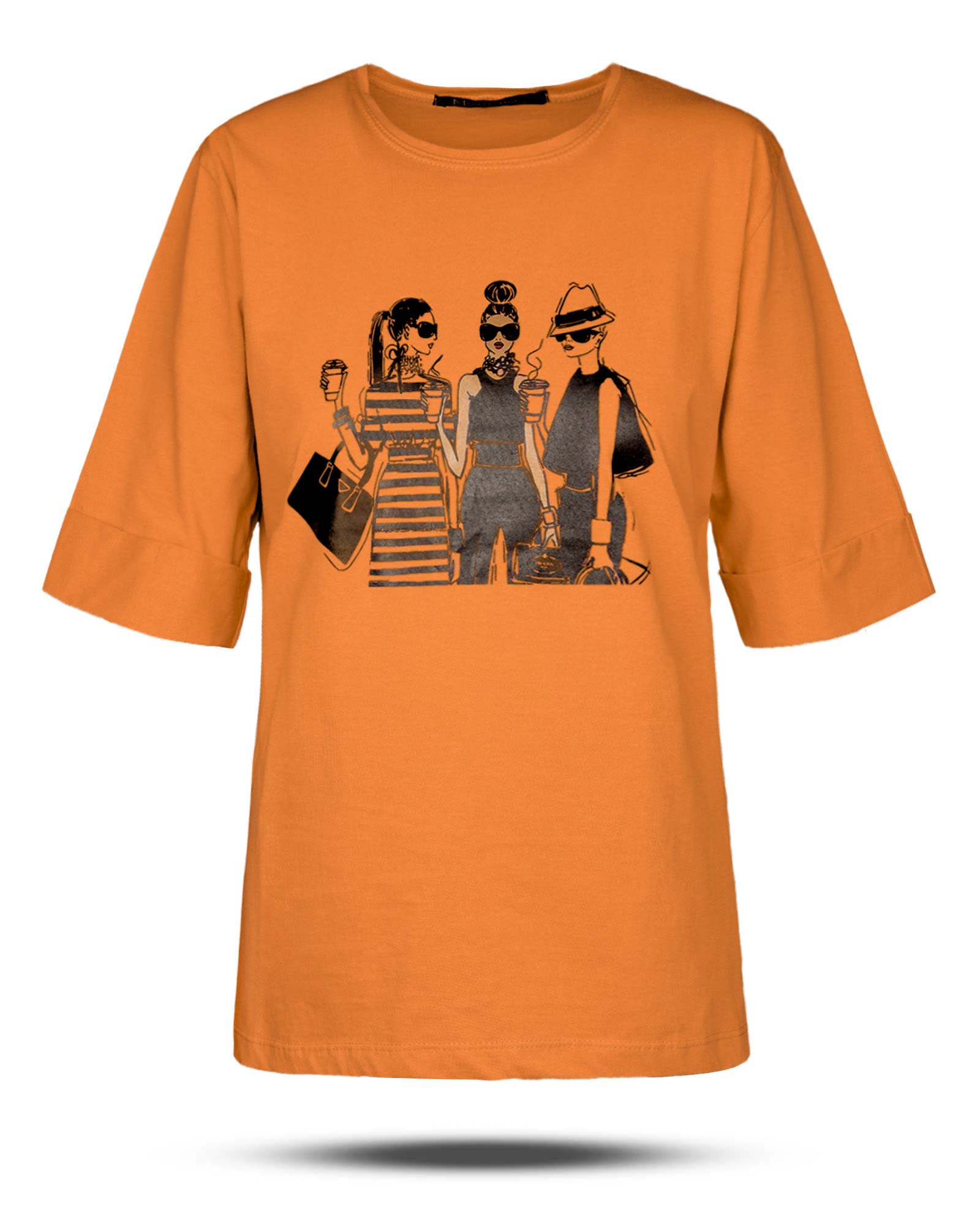 تیشرت طرح دار دخترانه 1456 - بادامی