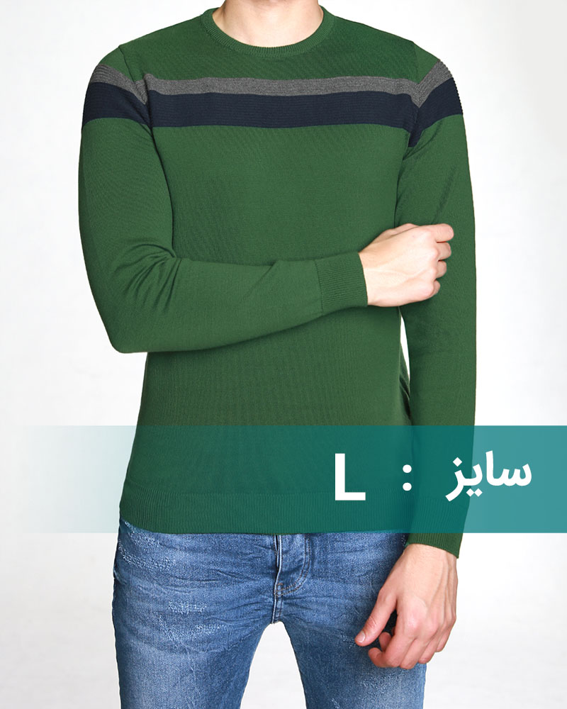 پلیور بافت نازک طرح‌دار مردانه - سبز با خطوط طوسی و مشکی 