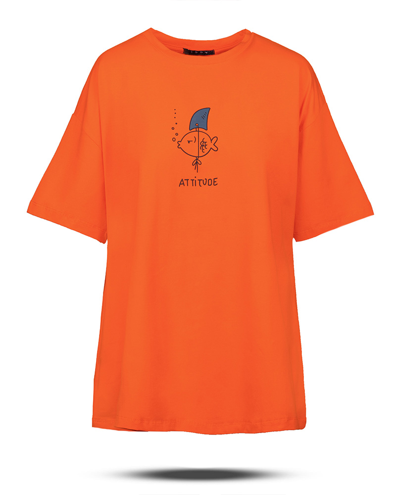 تیشرت طرح دار زنانه 1662 - نارنجی تیره