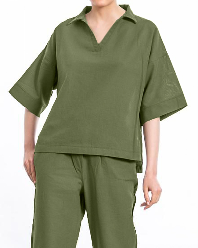 شومیز زنانه ساده لینن 2433 - زیتونى