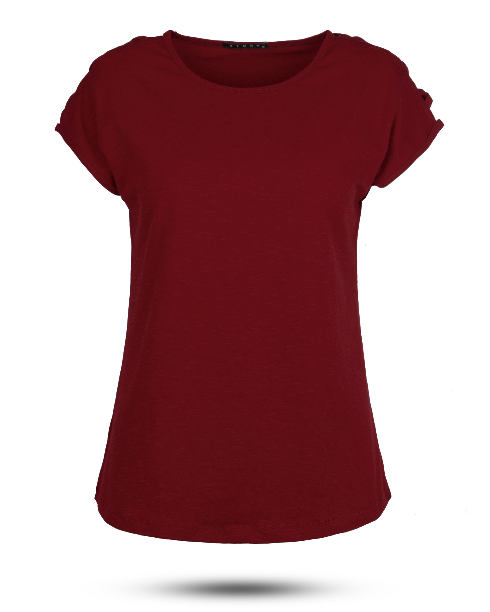 تیشرت دخترانه سرشانه ضربدری - عنابی