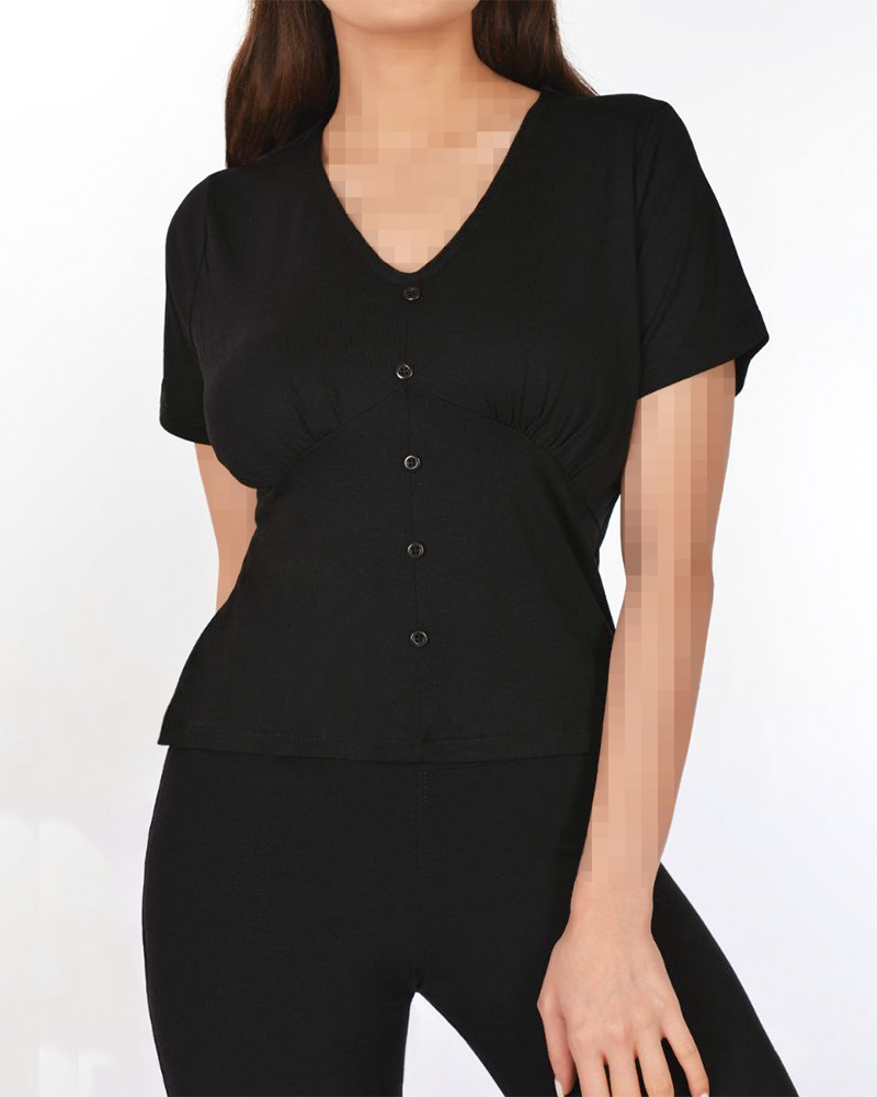 تیشرت زنانه ساده دکمه نما 3594 - مشکی
