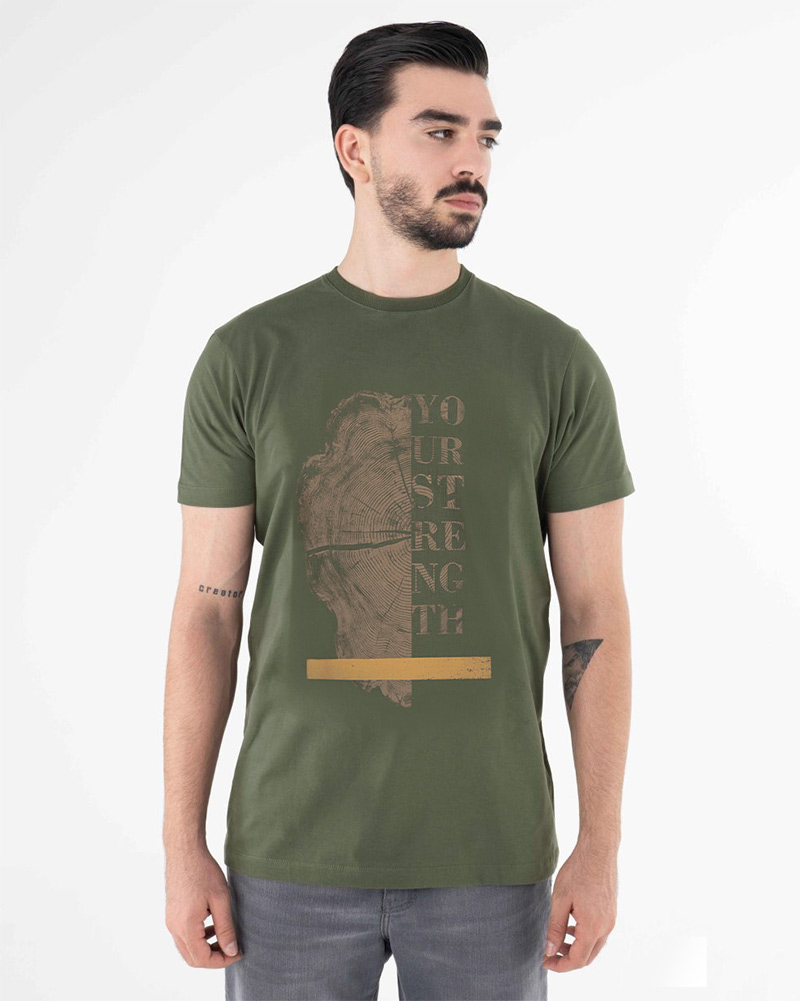 تیشرت طرح دار مردانه 2195 - زیتونی سیر