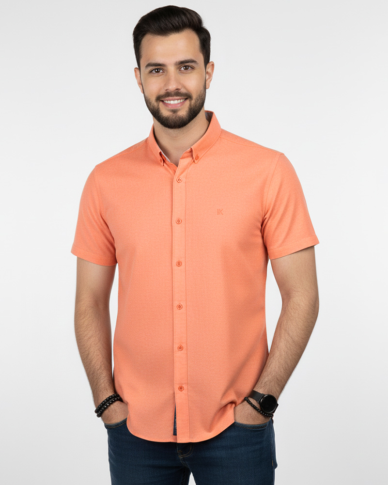 پیراهن آستین کوتاه مردانه نخی - نارنجی