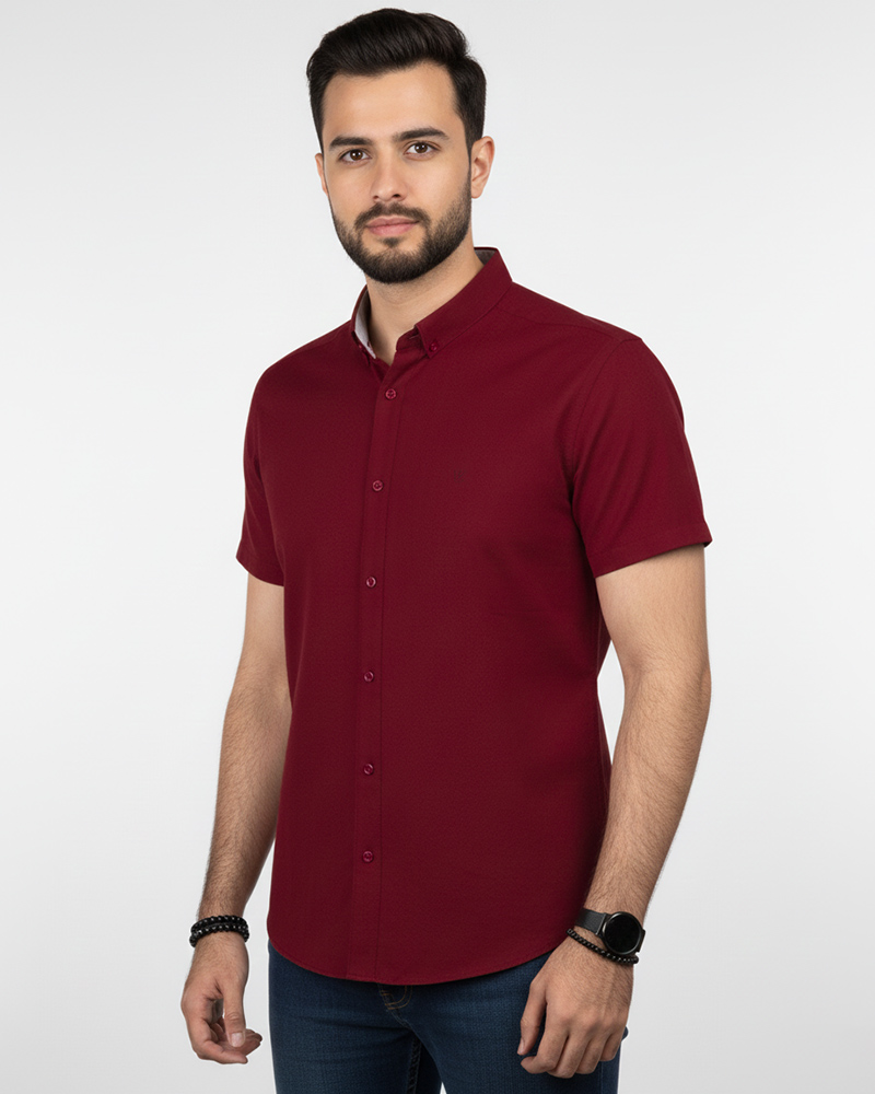 پیراهن آستین کوتاه مردانه نخی - زرشکی
