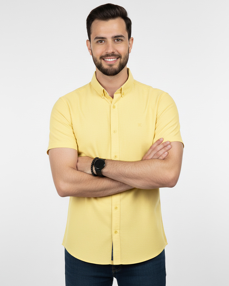 پیراهن آستین کوتاه مردانه نخی - لیمویى