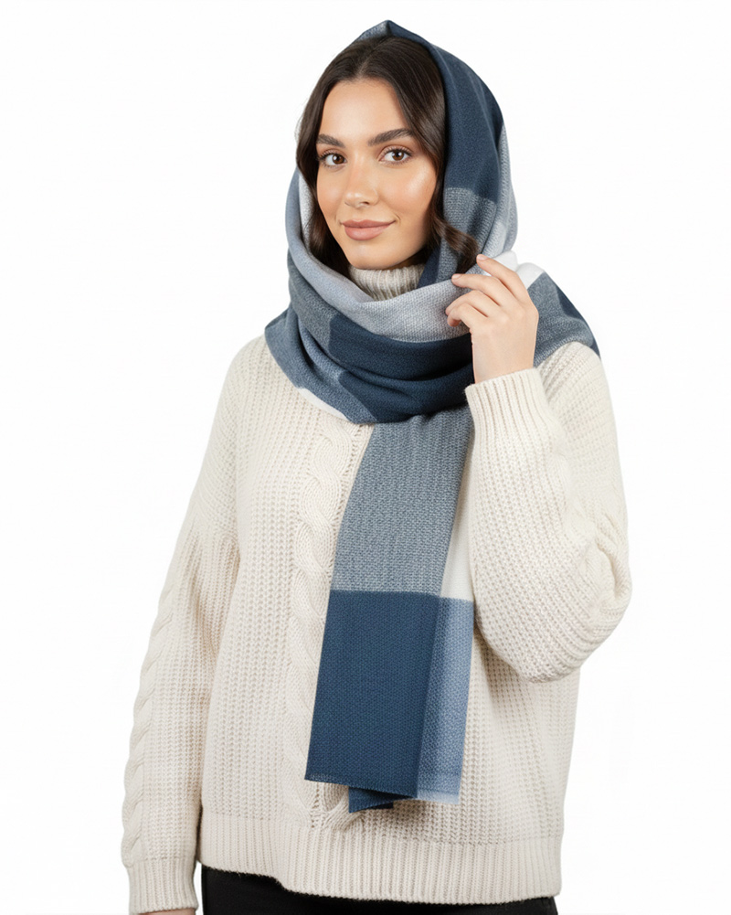 بیگ اسکارف موهر چهارخانه زنانه 5767 - آبی تیره