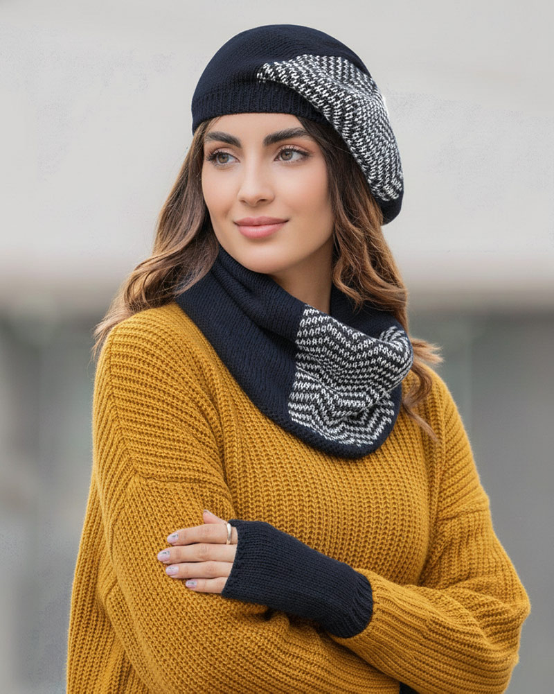 ست سه تکه شال و کلاه و دستکش 15107 - سرمه‌ای تیره