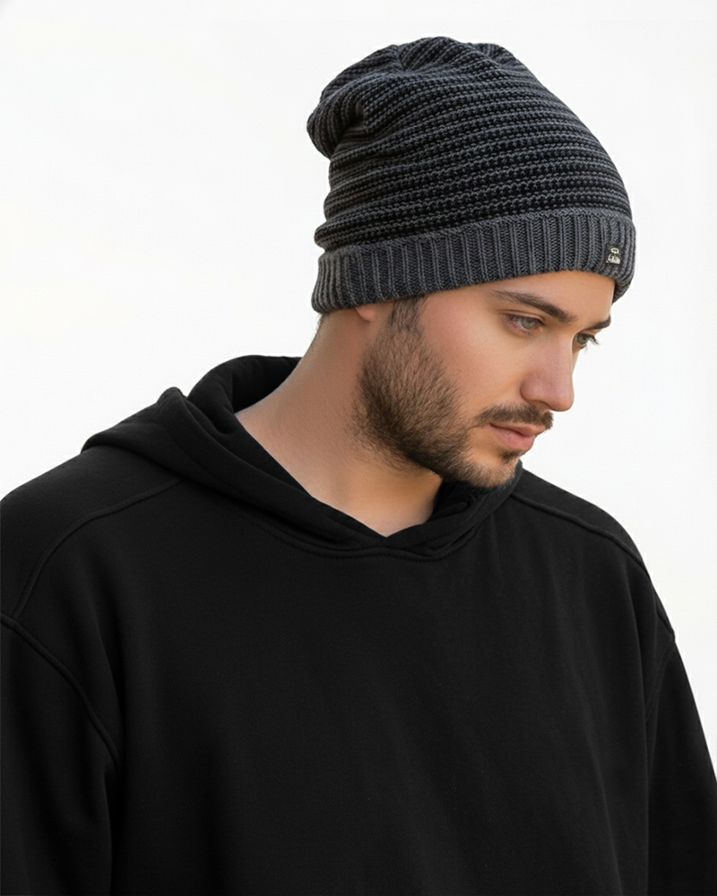 کلاه بافت دوکاره 30136 - خاکستری تیره