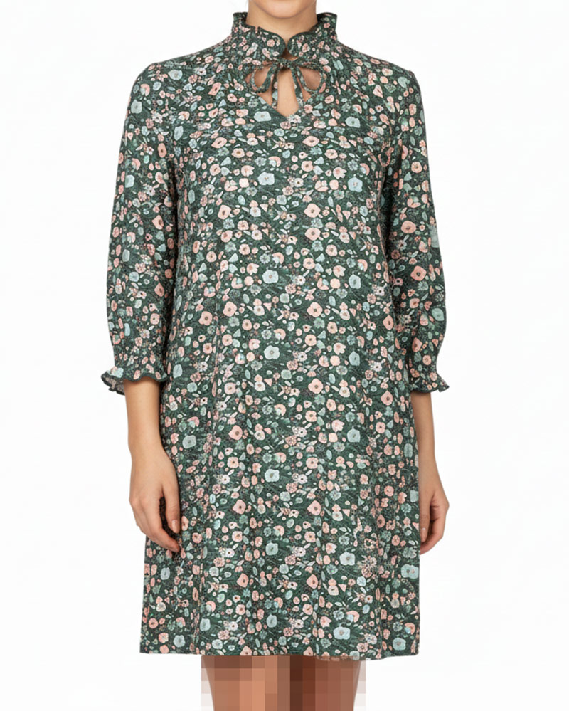 پیراهن آستین بلند نقشینه زنانه 3957 - سبز تیره