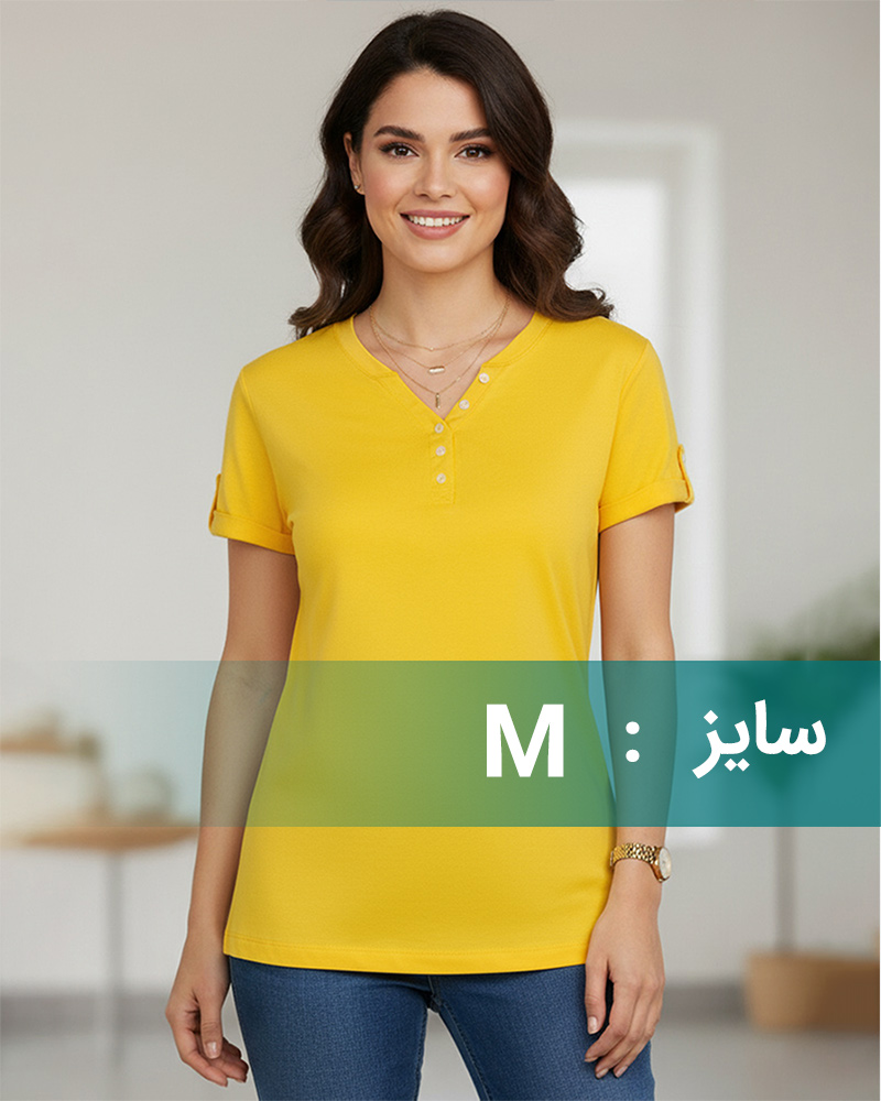 تیشرت یقه دکمه دار زنانه - زرد