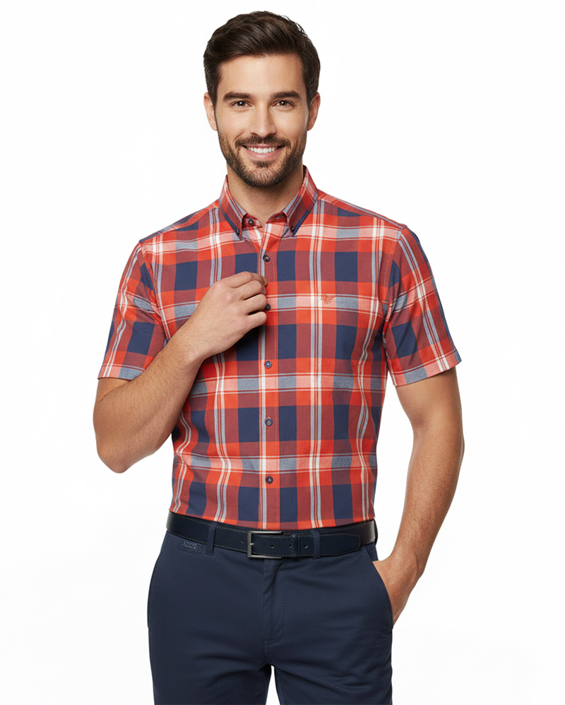 پیراهن چهارخانه مردانه 404 - قرمز نارنجی