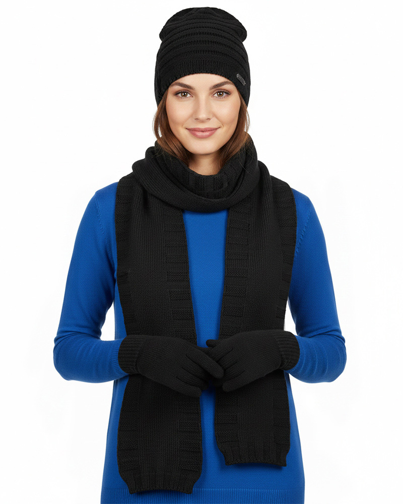 ست سه تکه شال و کلاه و دستکش 15117 - مشکی