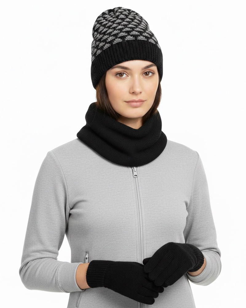 ست سه تکه شال و کلاه و دستکش بافت 0311 - مشکی و سفید