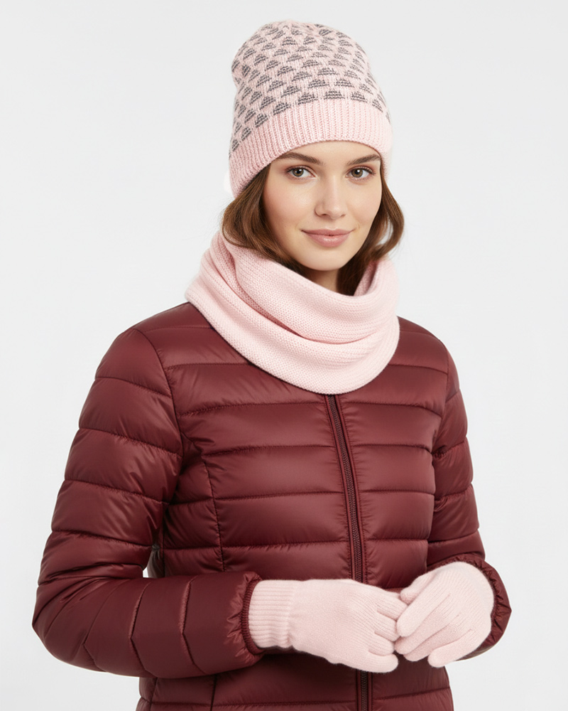 ست سه تکه شال و کلاه و دستکش بافت 0311 - صورتی