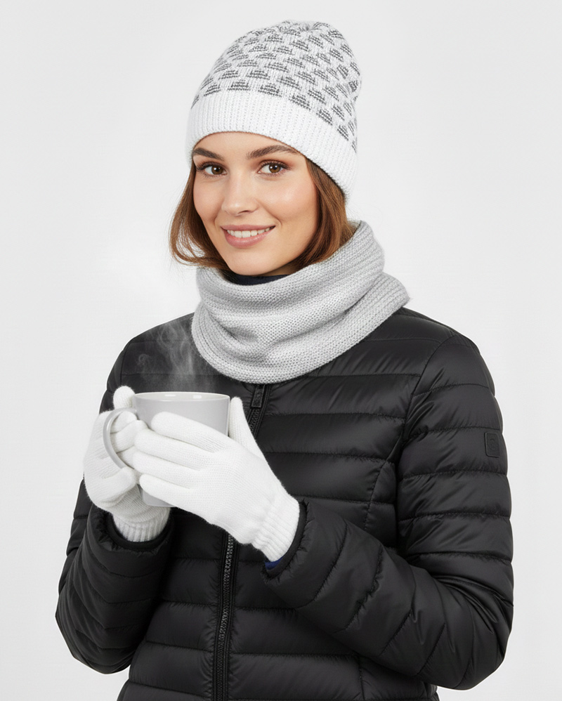 ست سه تکه شال و کلاه و دستکش بافت 0311 - طوسی کمرنگ