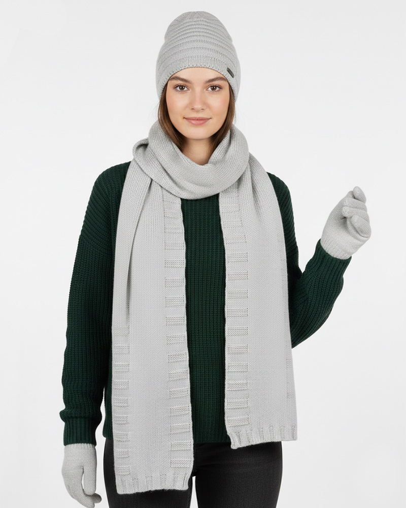 ست سه تکه شال و کلاه و دستکش 15117 - طوسی