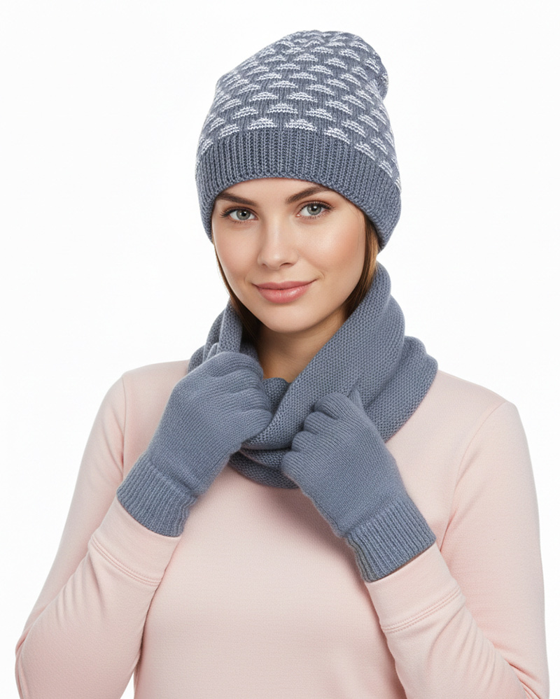 ست سه تکه شال و کلاه و دستکش بافت 0311 - سربی