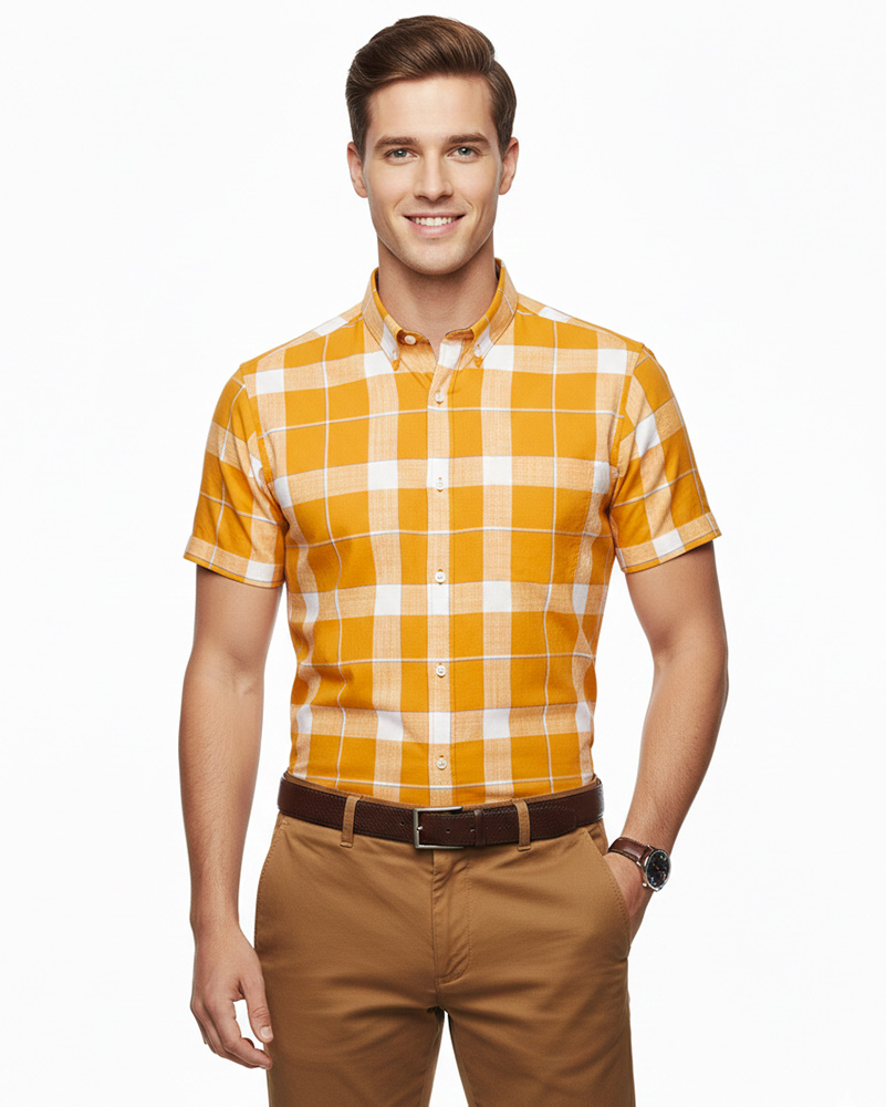 پیراهن مردانه چهارخانه VK9933 - عسلی