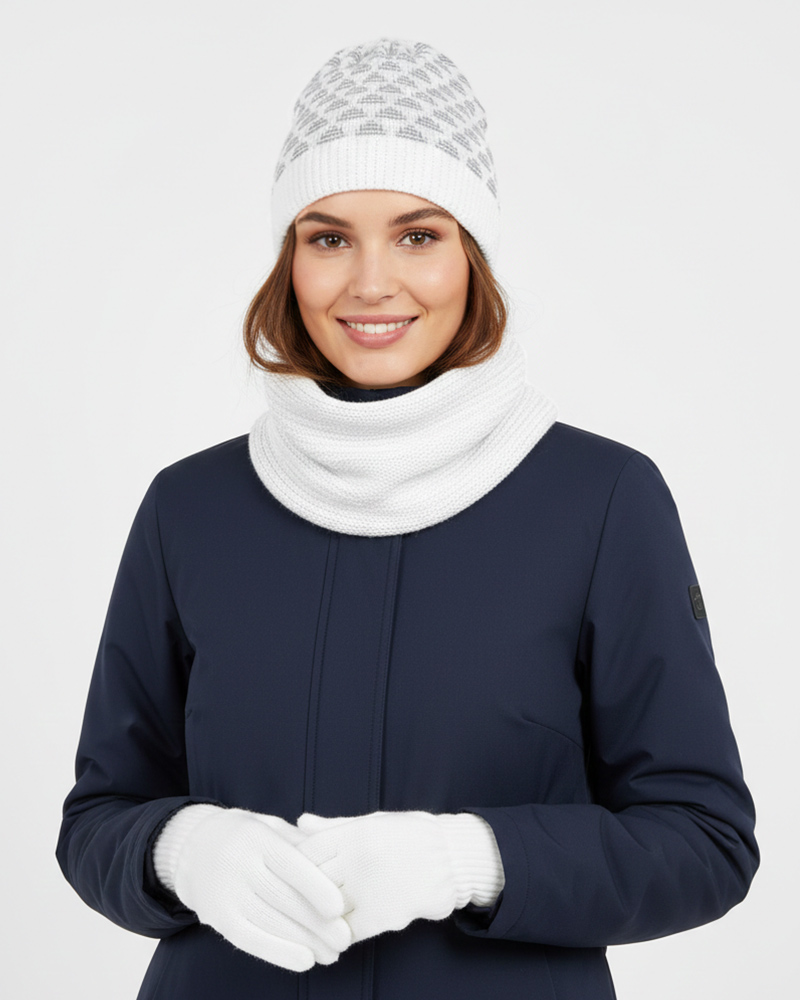 ست سه تکه شال و کلاه و دستکش بافت 0311 - سفید