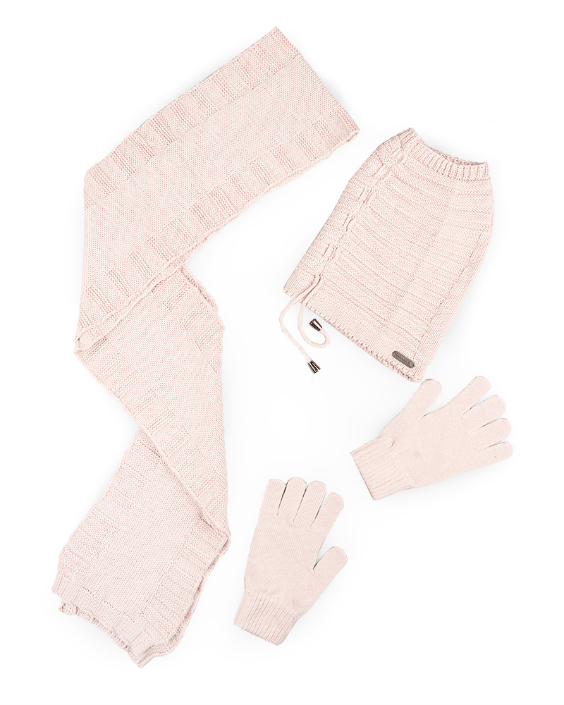 ست سه تکه شال و کلاه و دستکش 15117 - صورتی