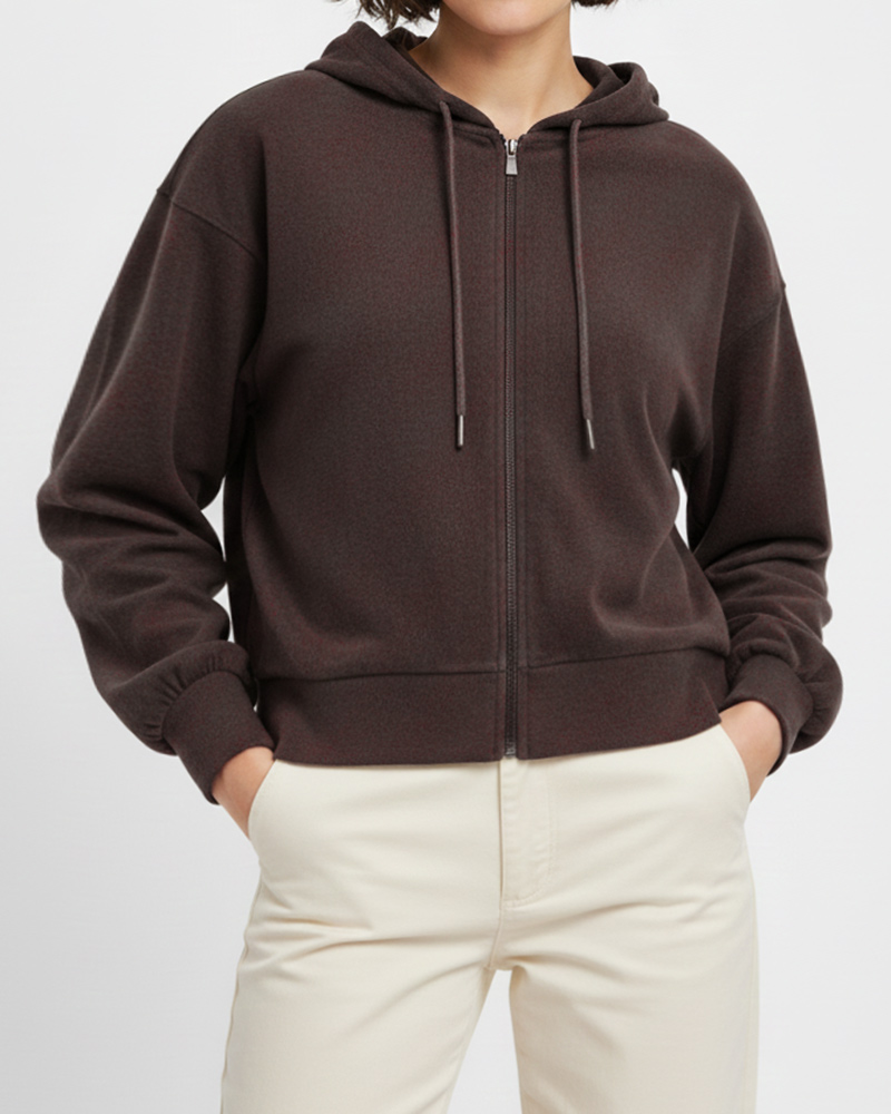 سویشرت ساده کلاه دار زنانه 3353 - کاکائویى