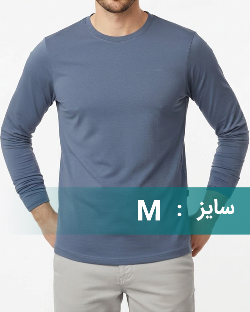 تیشرت آستین بلند مردانه نخی 01907 - آبی نفتی