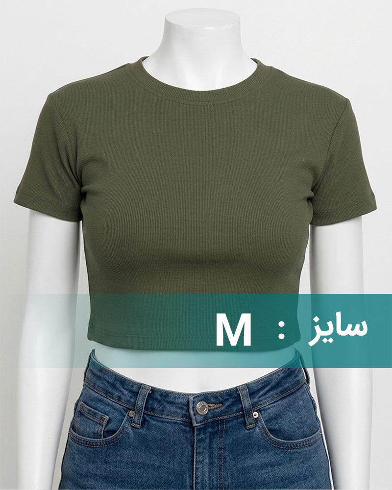 کراپ تیشرت کبریتی زنانه 01845 - زیتونی سیر
