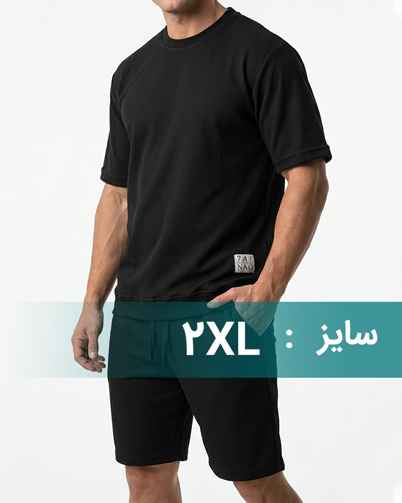 ست تیشرت و شلوارک نخی مردانه 021358 - مشکی