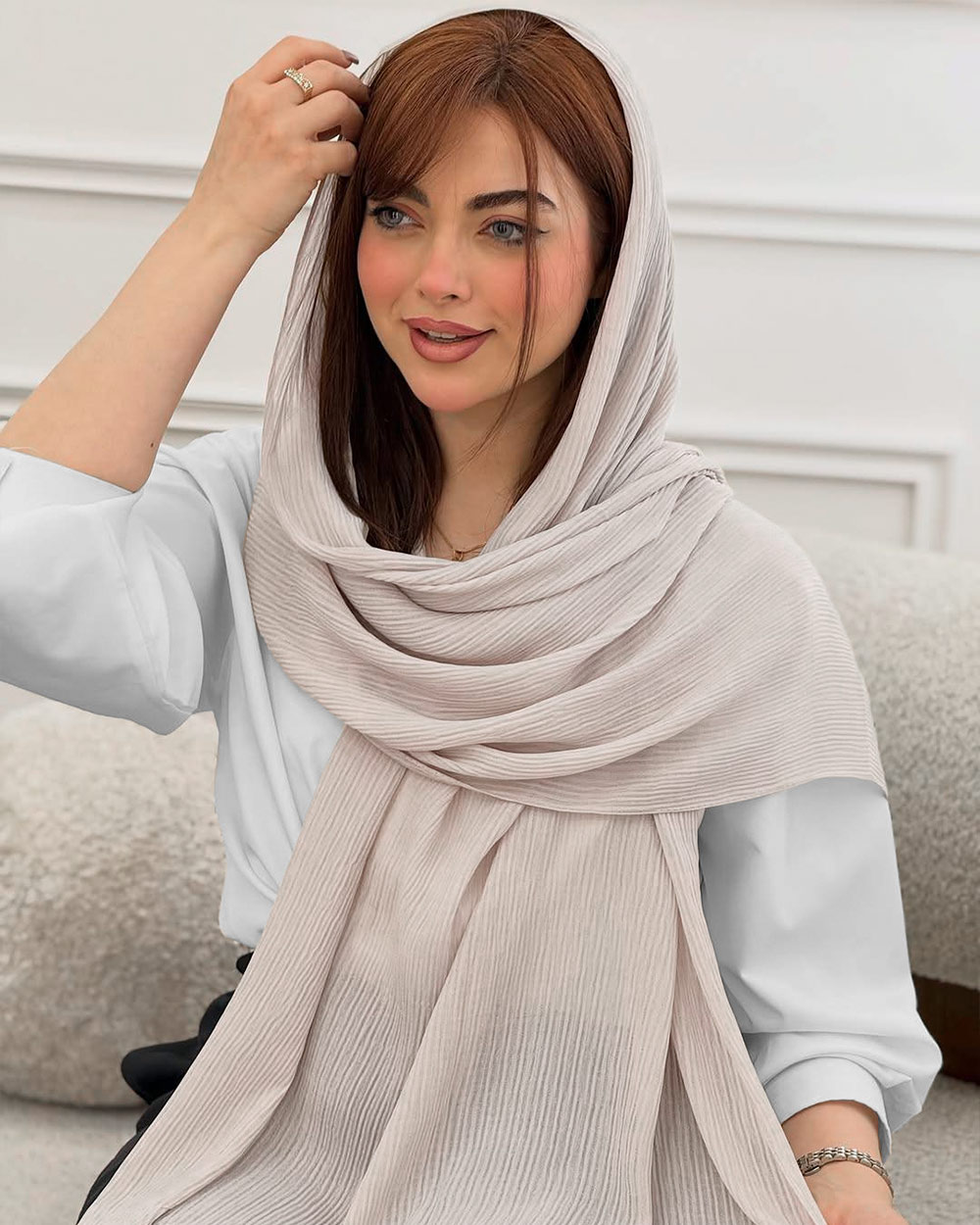 شال نخی پلیسه زنانه 5954 - کرمی سیر