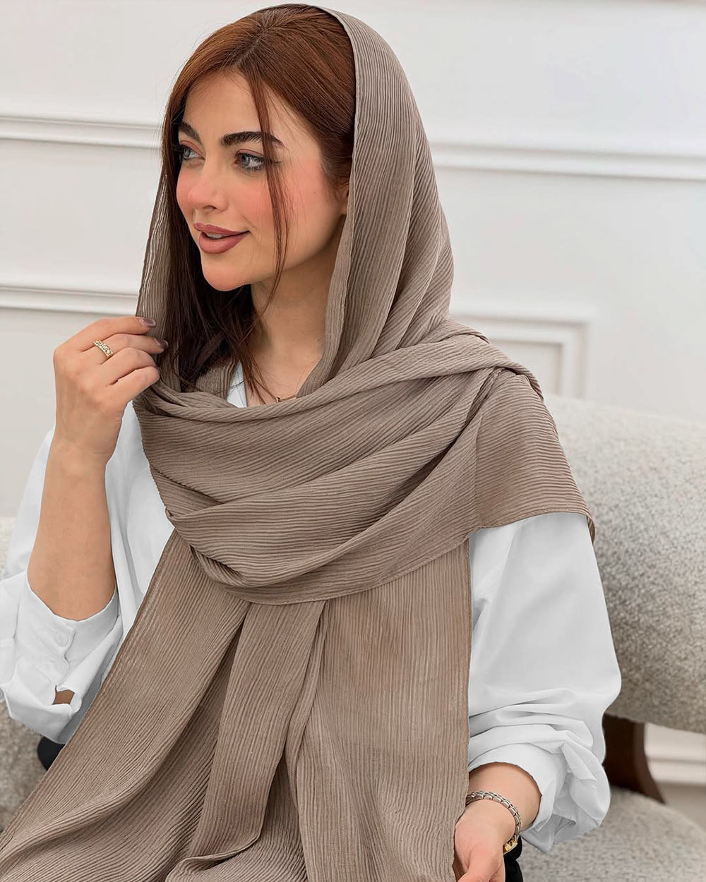 شال نخی پلیسه زنانه 5954 - خاکی