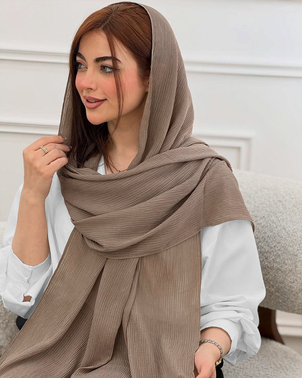 شال نخی پلیسه زنانه 5954 - قهوه‌ای روشن