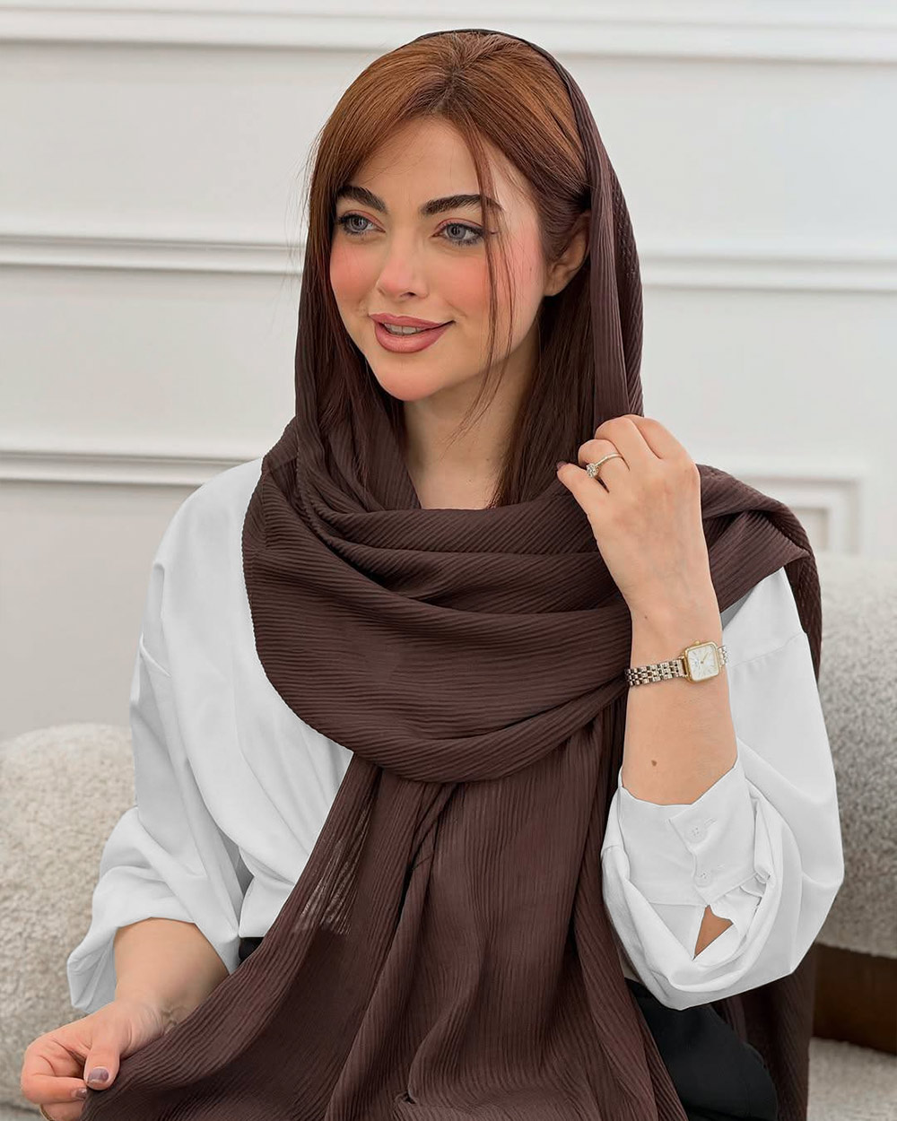 شال نخی پلیسه زنانه 5954 - قهوه‌ای تیره